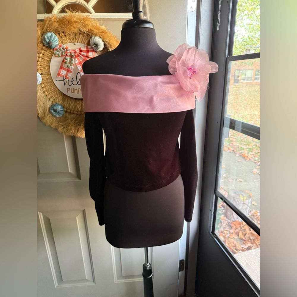 Vintage 90s Cachet velvet off-the-shoulder pink organza flower top, size 8 - Picture 1 of 9